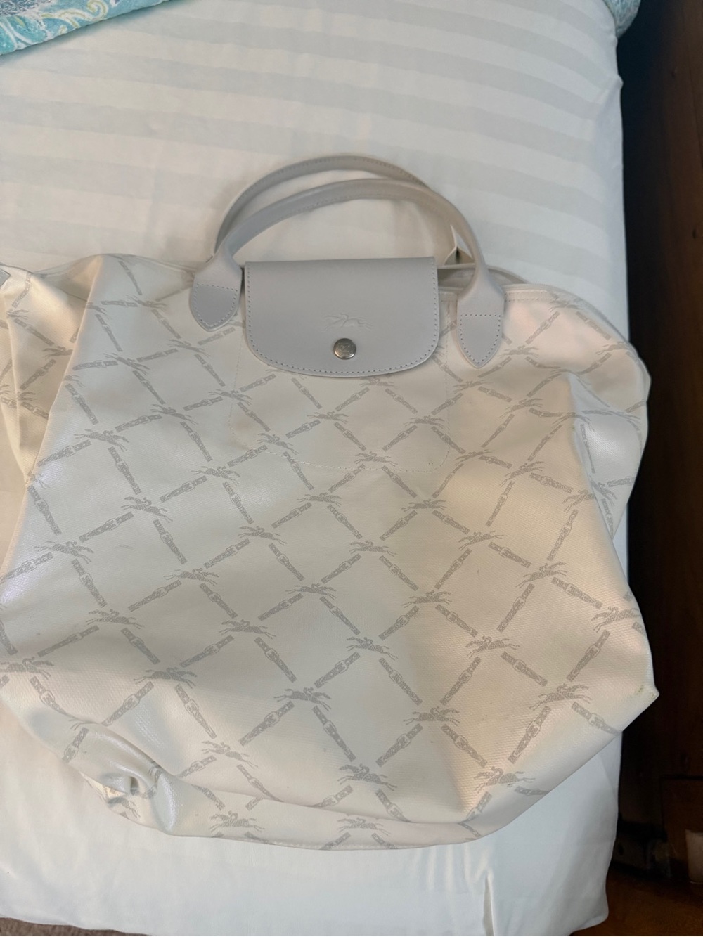 Longchamp Cream Patterned Tote Bag with Top Handles